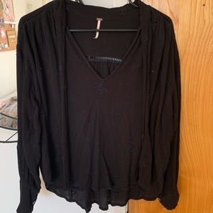 Black oversized V-neck front tie long sleeve